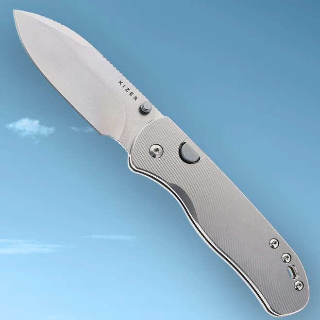Exclusive Kizer Drop Bear 292 AirTi Textured Titanium Handle Top Liner Lock M390 Blade K3619.292BDE1