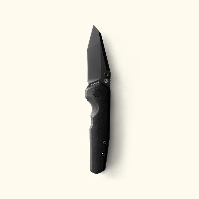 Iron Ethos Knife & Tool 5th Edge Folding Knife Black G10 Handle Nitro-V Plain Edge Gray Titanium Plated Finish