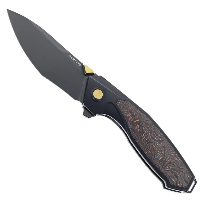 (Chipping on Handle) Open Box/Returned Remette Kingfisher Folding Knife Titanium & Copper Foil Carbon Fiber Handle M390 Drop Point Plain Edge Satin Finish RTKF5