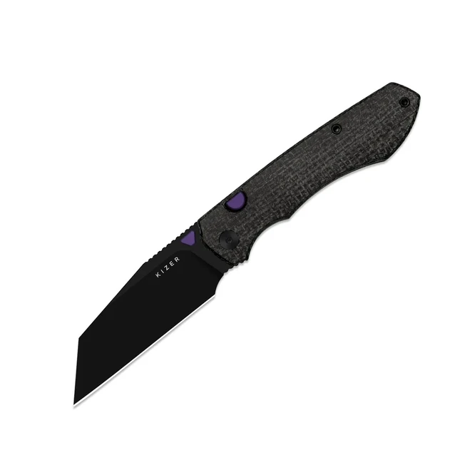 Kizer Wharning Folding Knife Black Burlap Micarta Handle N690 Wharncliffe Plain Edge Black PVD Blade V3738BW1