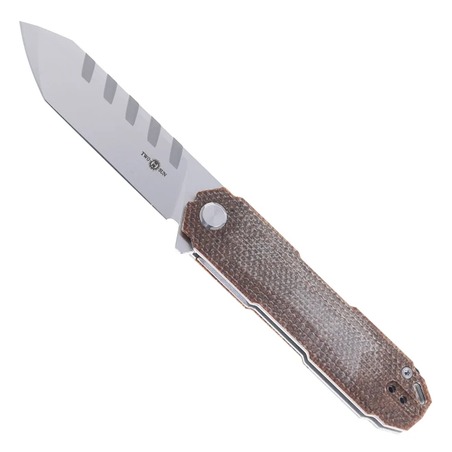 TwoSun Folding Knife Black Linen Micarta Handle D2 Tanto Plain Edge Satin Finish TS56-D2-Micarta