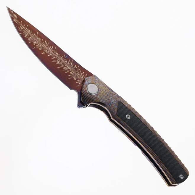TwoSun Folding Knife Color Titanium/Carbon Fiber Handle Feather Damascus Drop Point Plain Edge TS81-Feather-Damascus