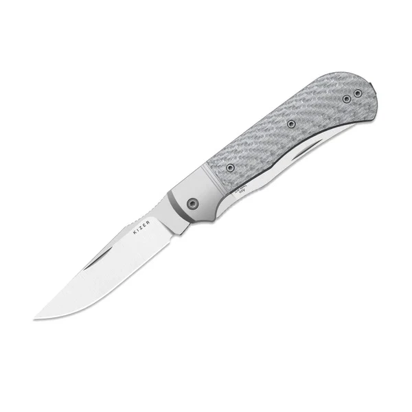 Kizer Trestle TP AirTi Folding Knife Silver Aluminum/Carbon Fiber Handle BD1N Clip Point/Spey Point Plain Edge Satin Finish K3761TPA1