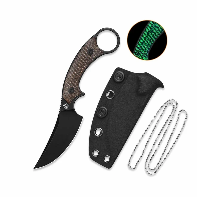 QSP Baby Viper Fixed Blade Knife Glow-in-the-Dark Micarta Handle 10Cr15MoV Clip Point Plain Edge Black Stonewash Finish QS178-B2