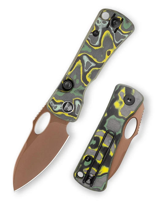 Trivisa Andromeda Pro-GY Folding Knife Green & Yellow Fat Carbon Handle N690 Drop Point Plain Edge Rose Gold PVD Finish