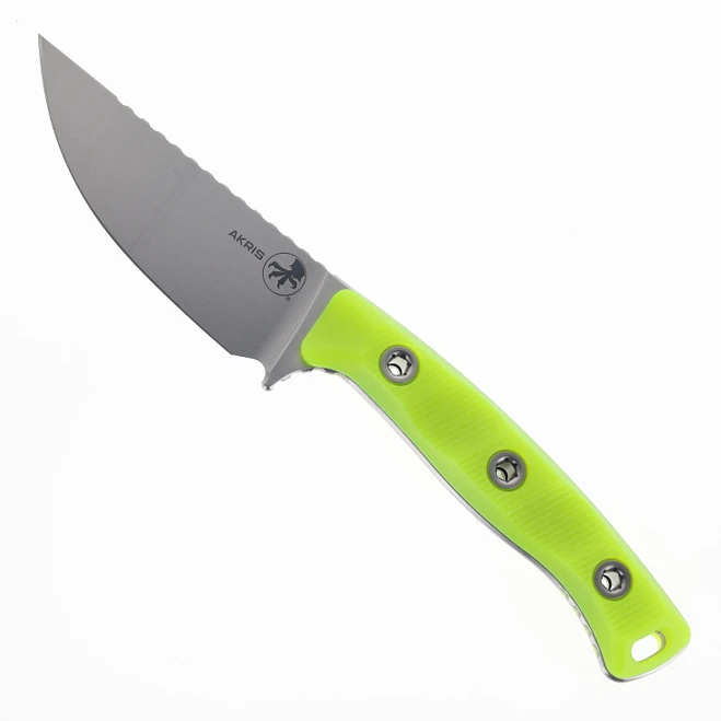 Microtech Akris Fixed Blade Stonewash M390MK Blade High Visibility Yellow G10 Handle with Dark Chocolate Leather Sheath 95-10HV-1