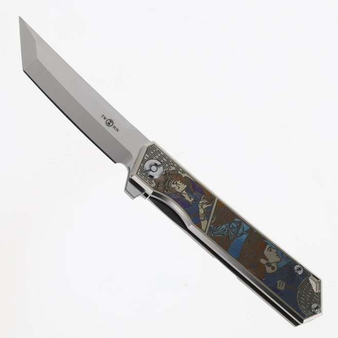 TwoSun Folding Knife Pharaoh Titanium Handle YJ01-V1 Plain Edge Satin Finish TS20-YJ01-V1-Pharaoh