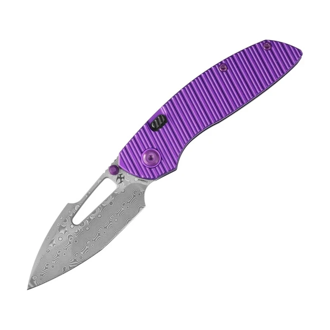 Kansept Link Folding Knife Purple Aluminum Handle Damascus Plain Edge T1068H2