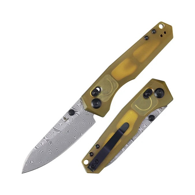 Tenable Beaver Folding Knife Amber PEI/Ultem Handle Water Ripple Damascus Drop Point Plain Edge T1105V6