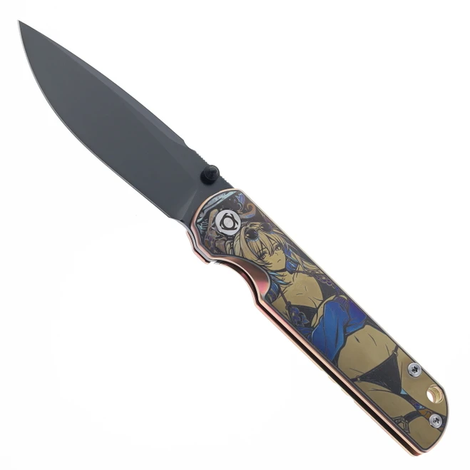 SixLeaf Folding Knife Color Crane Pattern Titanium Handle 14C28N Plain Edge DLC Finish SL-109-DLC-Figure-Pattern