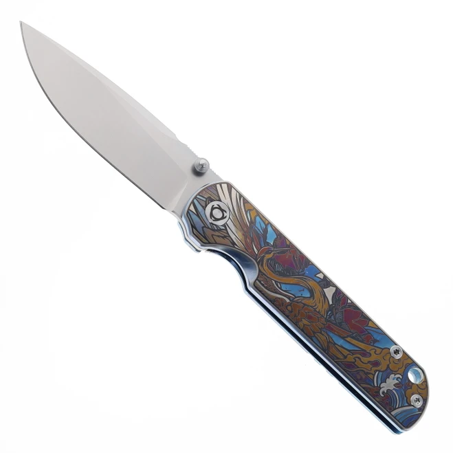 SixLeaf Folding Knife Color Crane Pattern Titanium Handle 14C28N Plain Edge SL-109-Crane-Pattern
