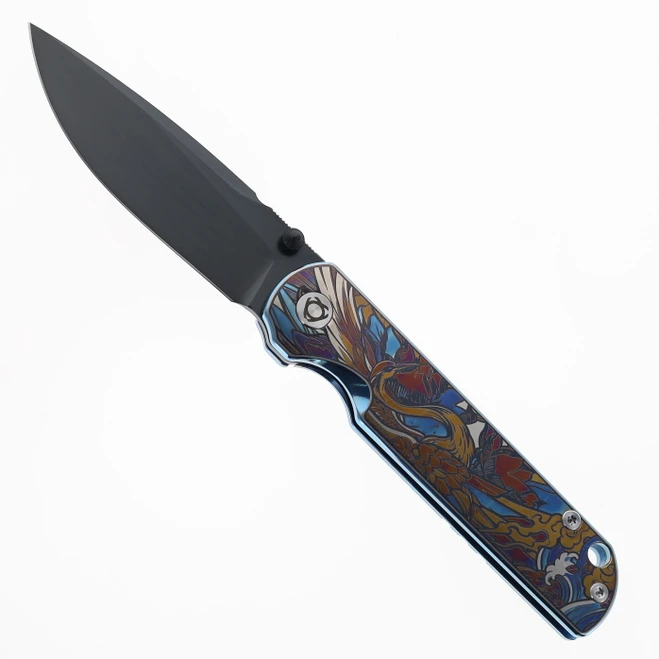 SixLeaf Folding Knife Color Crane Pattern Titanium Handle 14C28N Plain Edge DLC Finish SL-109-DLC-Crane-Pattern