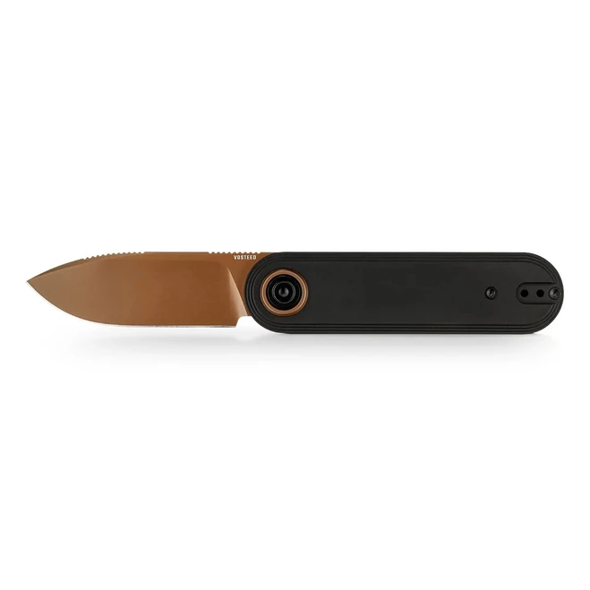 Vosteed Corgi V V Folding Knife Black Aluminum Handle 154CM Drop Point Plain Edge Copper Dune Finish A5101