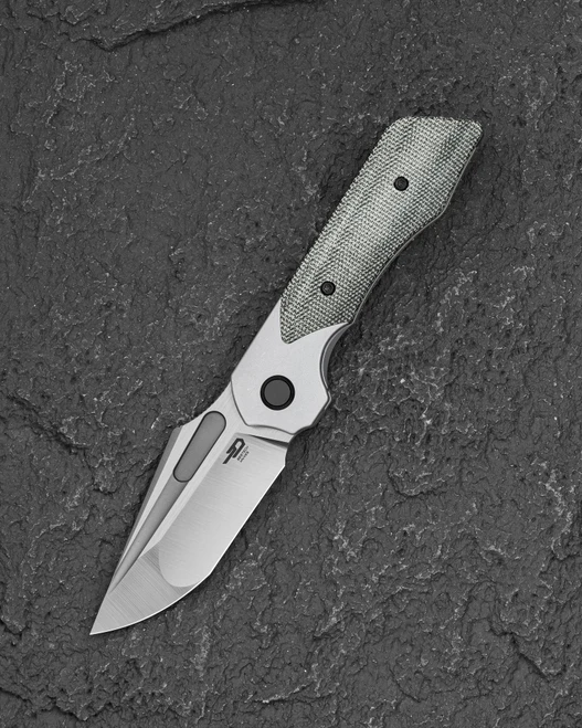 Bestech Dactyl Folding Knife Black Canvas Micarta/Titanium Handle MC Steel Harpoon Plain Edge Satin BT2608A