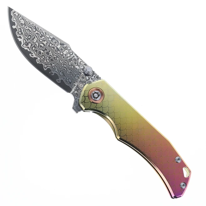 SixLeaf Folding Knife Multicolor Fish Scale Titanium Handle Damascus Plain Edge SL-90