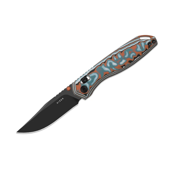 Kizer Findo Folding Knife Multicolor Vortex Pattern Micarta Handle 3.1" Black PVD AEB-L Clip Point V3743CC1