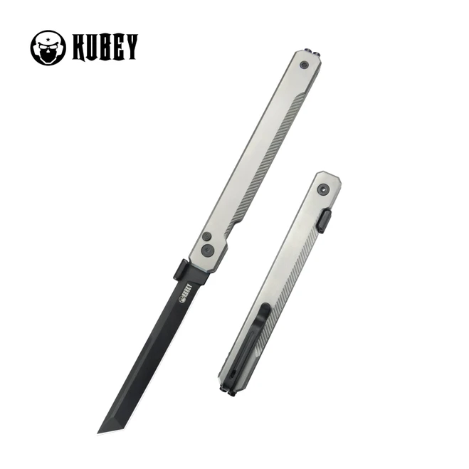 Kubey Prism Button Lock Folding Knife Silver Grey Titanium Handle 3.54" Black PVD 14C28N Tanto Plain Edge KB243B