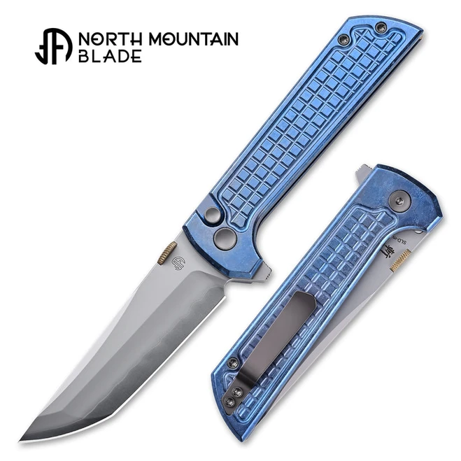 North Mountain Blades Chop2 Folding Knife Ice Grid Blue Titanium Handle SLD-Magic Tanto Plain Edge 2406-ICE-G-BL