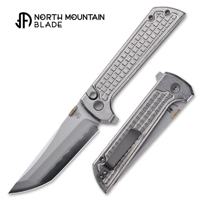 North Mountain Blades Chop2 Folding Knife Ice Grid Silver Titanium Handle SLD-Magic Tanto Plain Edge CE-G-SL2406-I