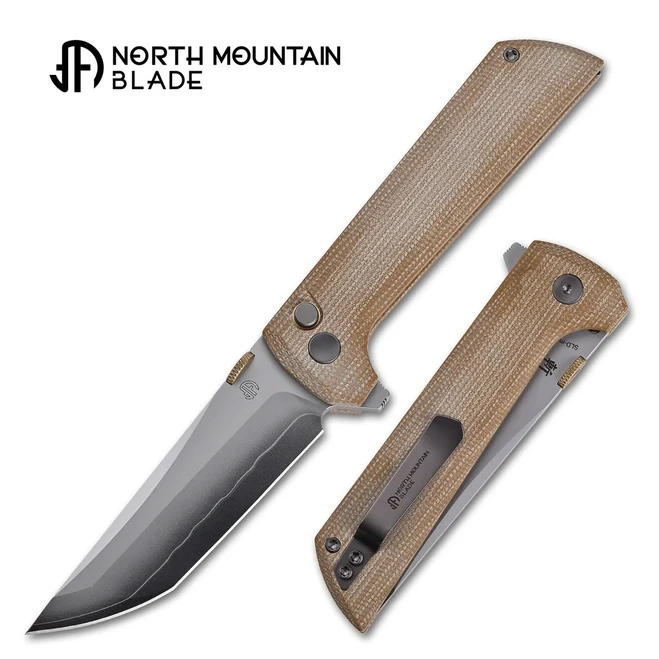 North Mountain Blades Chop2 Folding Knife Brown Canvas Micarta Handle SLD-Magic Plain Edge 2406-YLMCT
