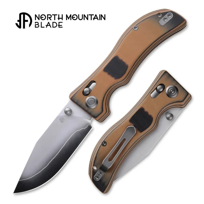 North Mountain Blades Lucky Dog Folding Knife Tan G10 Handle SLD Plain Edge Hamon Blade 2524-TAN