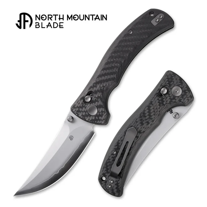North Mountain Blades Sabertooth Folding Knife Black Carbon Fiber Handle SLD Plain Edge Hamon Blade 2605-CF