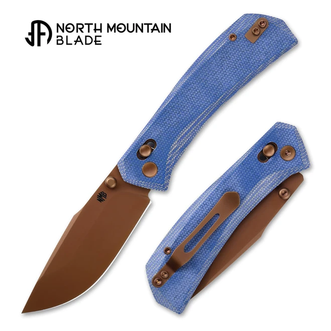 North Mountain Blades Coyote Yamainu Folding Knife Blue Micarta Handle 10Cr15MoV Plain Edge Bronze Finish 2603-BLMCT