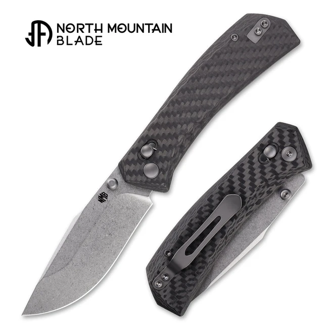 North Mountain Blades Coyote Yamainu Folding Knife Black Carbon Fiber Handle 10Cr15MoV Plain Edge Stonewash Finish 2603-CF