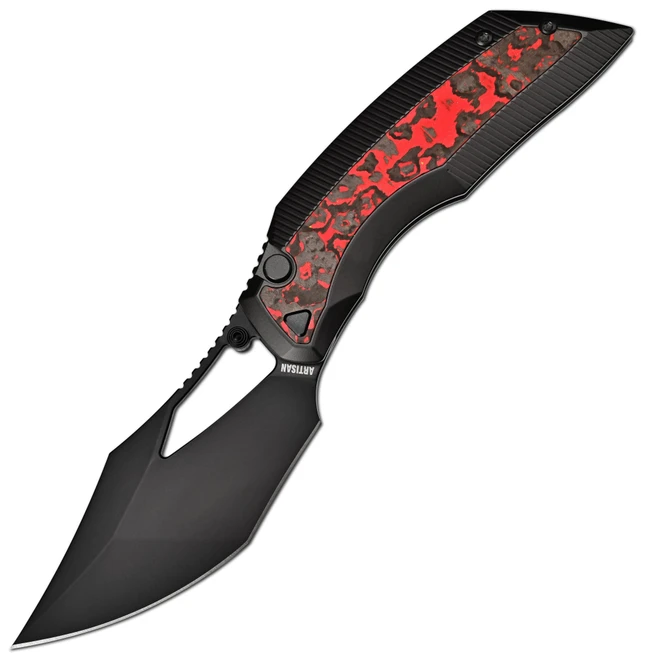 Artisan Cutlery Dark Wing HellWing Folding Knife Black Titanium/Lava Flow Fat Carbon Handle 3.63" Black DLC S90V Clip Point 1887G-FCLF