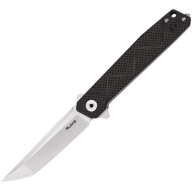 Ruike P127 Liner Lock Flipper Knife Black CF Handle Plain Brushed Blade P127-CB