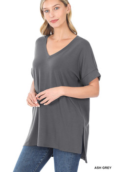 ROLLED SHORT SLEEVE SIDE SLIT HI-LOW HEM TOP