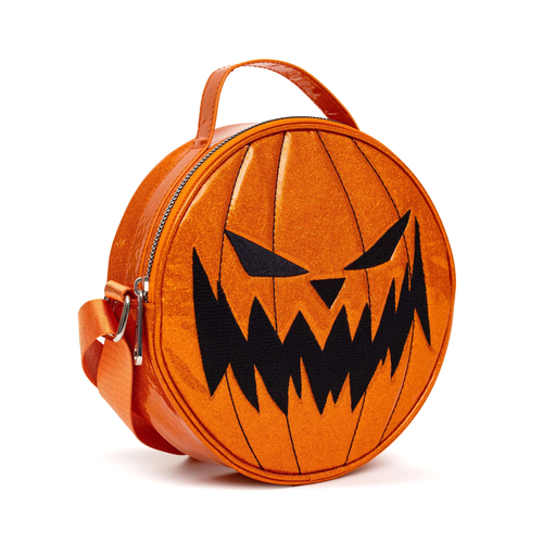 NBC - Pumpkin King Face & Jack Orange Glitter Vinyl - Round Crossbody Bag