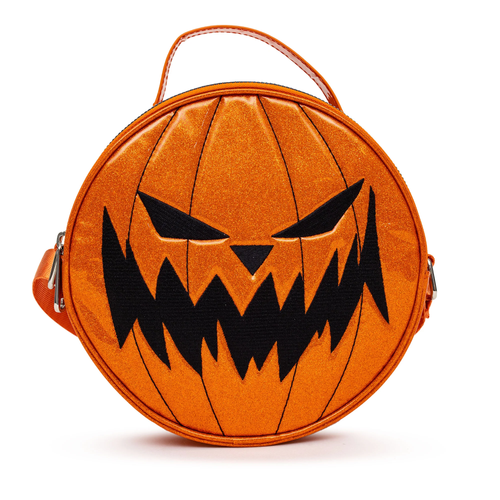 NBC - Pumpkin King Face & Jack Orange Glitter Vinyl - Round Crossbody Bag