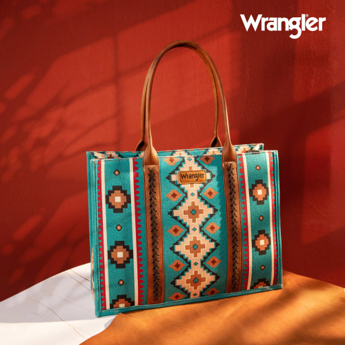 Wrangler Southwestern Pattern Dual Sided Print Canvas Wide Tote - Turquoise