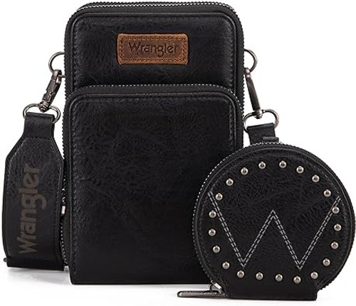 Wrangler Crossbody Cell Phone Purse 3 Zippered Compartment with Coin Pouch - Black