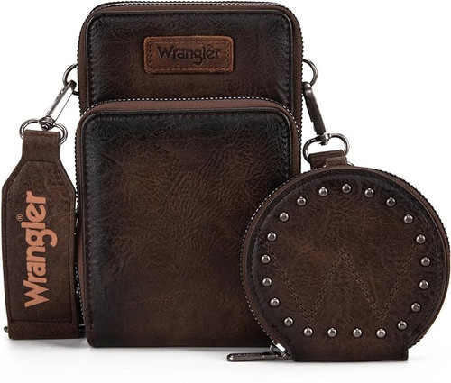 Wrangler Crossbody Cell Phone Purse 3 Zippered Compartment with Coin Pouch - Coffee