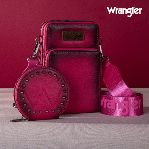 Wrangler Crossbody Cell Phone Purse 3 Zippered Compartment with Coin Pouch - Hot Pink