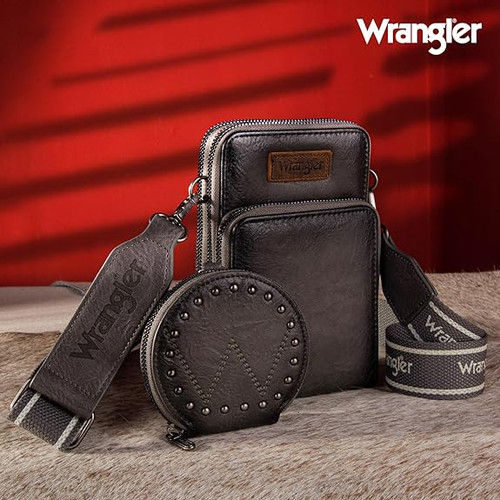Wrangler Crossbody Cell Phone Purse 3 Zippered Compartment with Coin Pouch - Grey