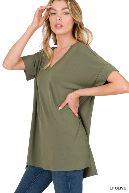 ROLLED SHORT SLEEVE SIDE SLIT HI-LOW HEM TOP