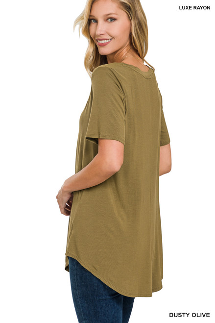 LUXE RAYON SHORT SLEEVE V-NECK HI-LOW HEM TOP