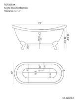 Dimensions of 73 inch Acrylic Double Slipper with No Faucet Holes