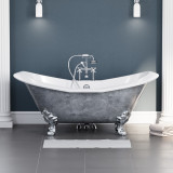 71 inch Scorched Platinum Cast Iron Double Slipper Clawfoot Tub - Buchanan With Chrome Feet and TTC463D-6 Deck Mouted Faucet