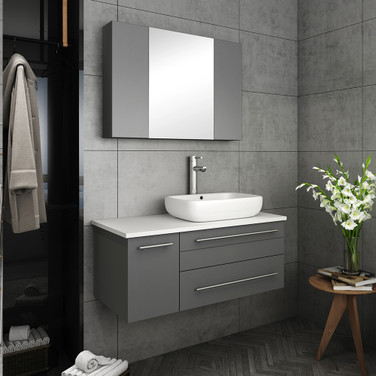 36" Gray Wall Hung Vessel Sink Vanity w/ Medicine Cabinet (Right Version) FVN6136GR-VSL-R