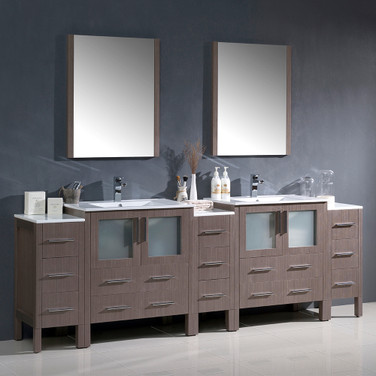 Gray Oak Modern Vanity/3 Side Cabinets & Dual Sinks - FVN62-96GO-UNS 01