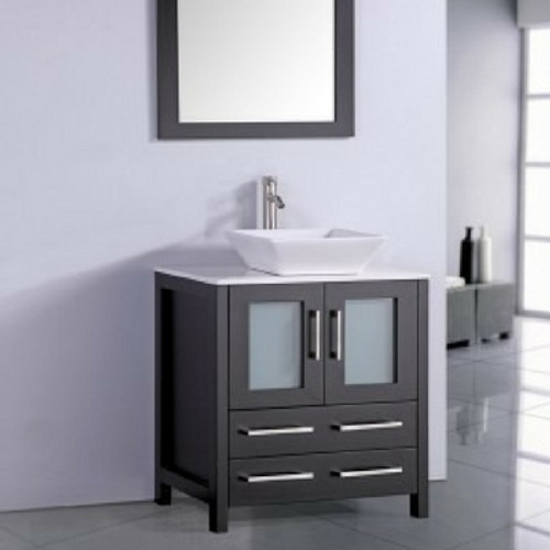 Vessel Sink Espresso Wood Vanity Set w Mirror & Stone Top WA7830E 01