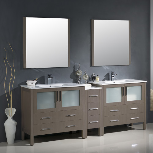 Gray Oak Double Basin Sink 84 inch Vanity & Side Cabinet - FVN62-361236GO-UNS 01