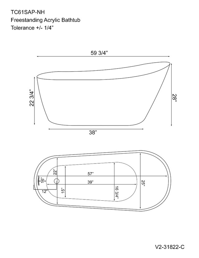 60 in Acrylic Pedestal Slipper Tub with No Faucet Drillings