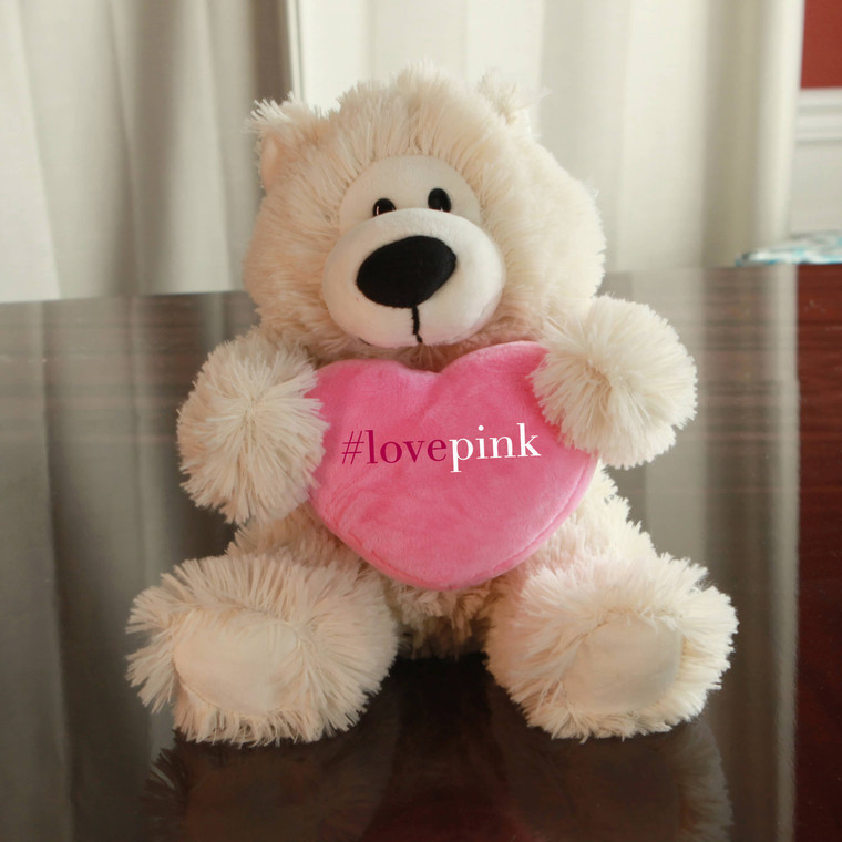 11" Cream Valentine Plush Bear Holding "#lovepink" Heart 