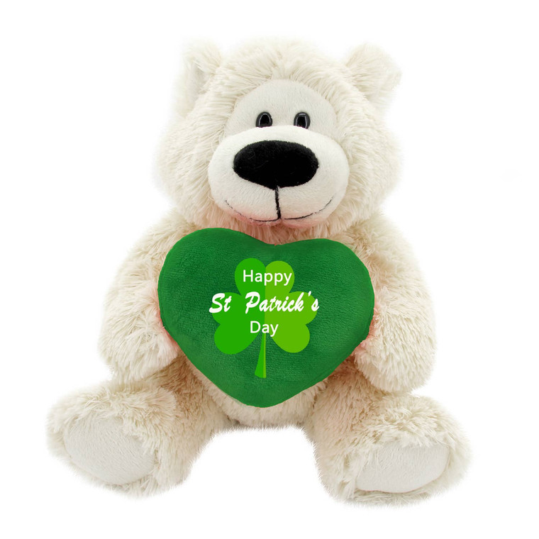 11″ Cream Bear with "Happy St Patrick’s Day" Heart | Stuffed