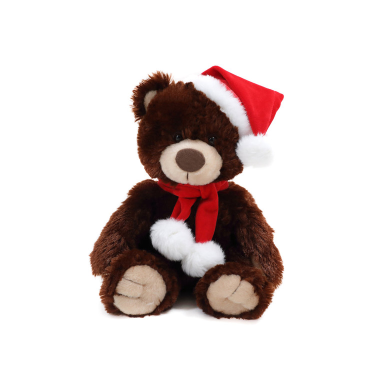 12" Sitting Xmas Noah Bear Chocolate Plush Toy, A Cozy Brown Bear Wearing A Festive Red Santa Hat And Scarf by Made By Aliens.
